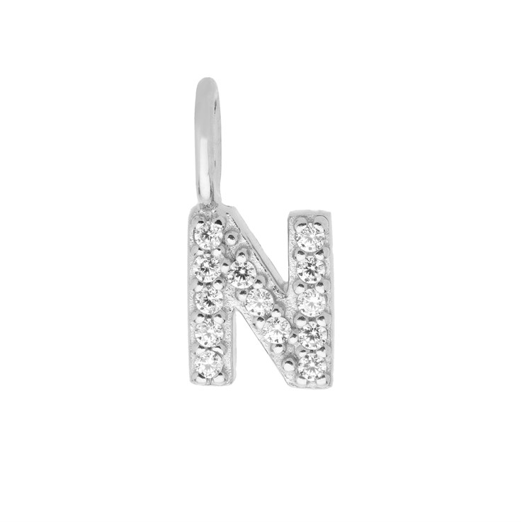 Mini Uppercase CZ Alphabet Letter N Charm Pendant 10.9mm inc. loop x 5mm Sterling Silver