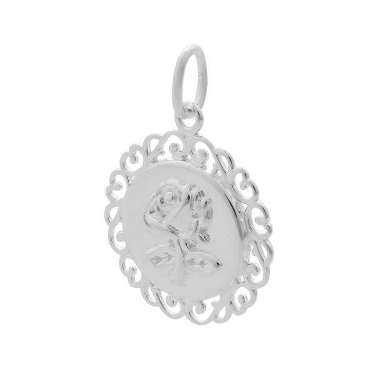 3D Rose on 14.5mm Patterned Circle Charm Pendant Sterling Silver