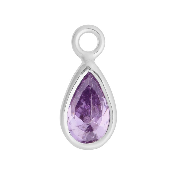 Amethyst 8x5mm Teardrop CZ Crystal Sterling Silver Charm - Birthstone February