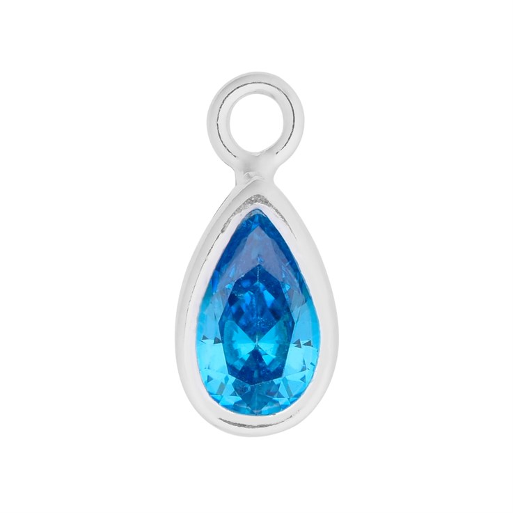 Blue Topaz 8x5mm Teardrop CZ Crystal Sterling Silver Charm - Birthstone December