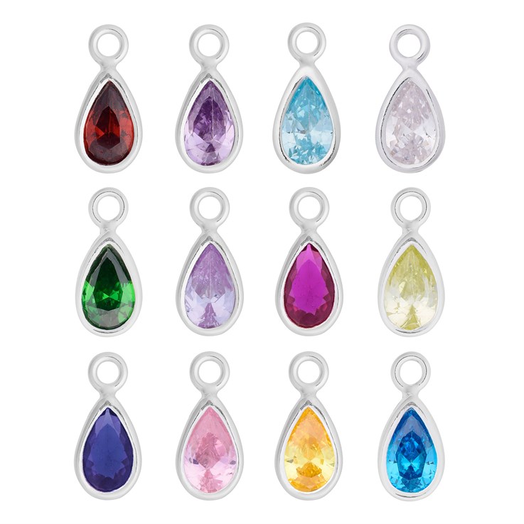 Birthstone Set 8x5mm Teardrop CZ Crystal Sterling Silver Charm - Set of 12