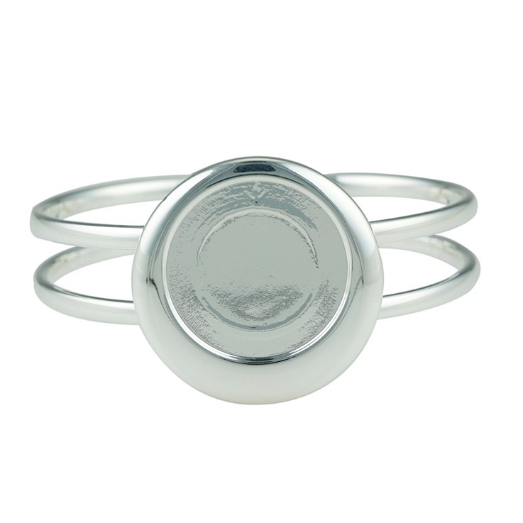 Offset Round Spring Bangle with 25mm Cup for Cabochon Silver Plated