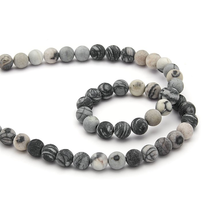 8mm MATT Black Veined Jasper  Round Bead 39cm Strand