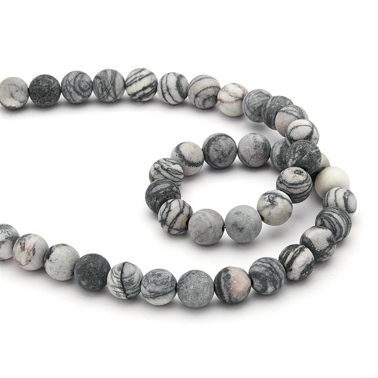 10mm MATT Black Veined Jasper  Round Bead 39cm Strand