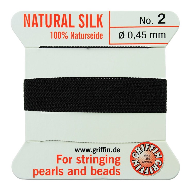 Griffin Natural Silk Beading Thread (0.45mm No.2) + Needle Black 2 metres NETT