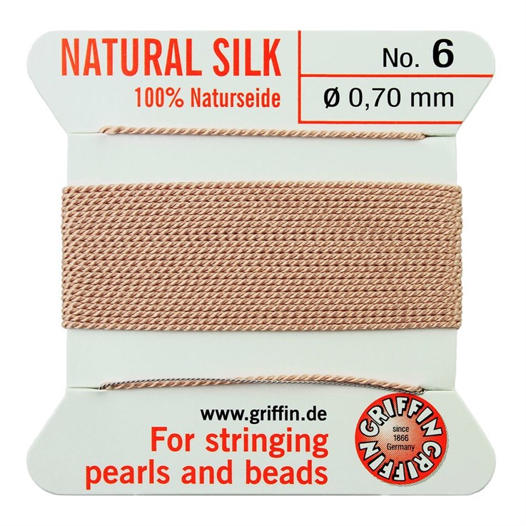 Griffin Natural Silk Beading Thread (0.70mm No.6) + Needle Light Pink 2 metres NETT