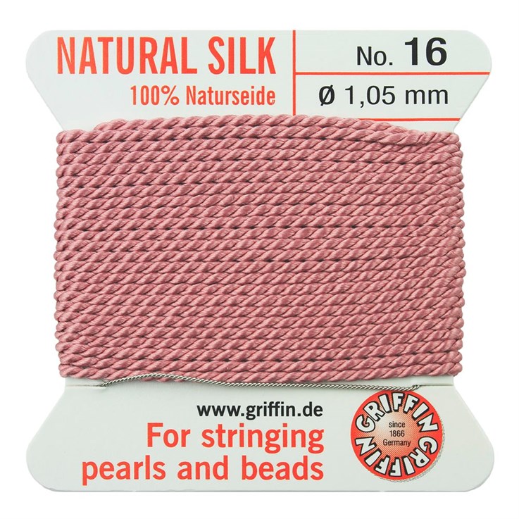 Griffin Natural Silk Beading Thread (1.05mm  No.16) + Needle Dark Pink 2 metres NETT