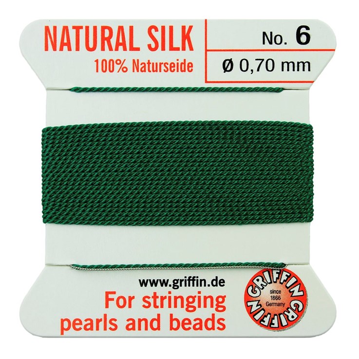 Griffin Natural Silk Beading Thread (0.70mm No.6) + Needle Green 2 metres NETT