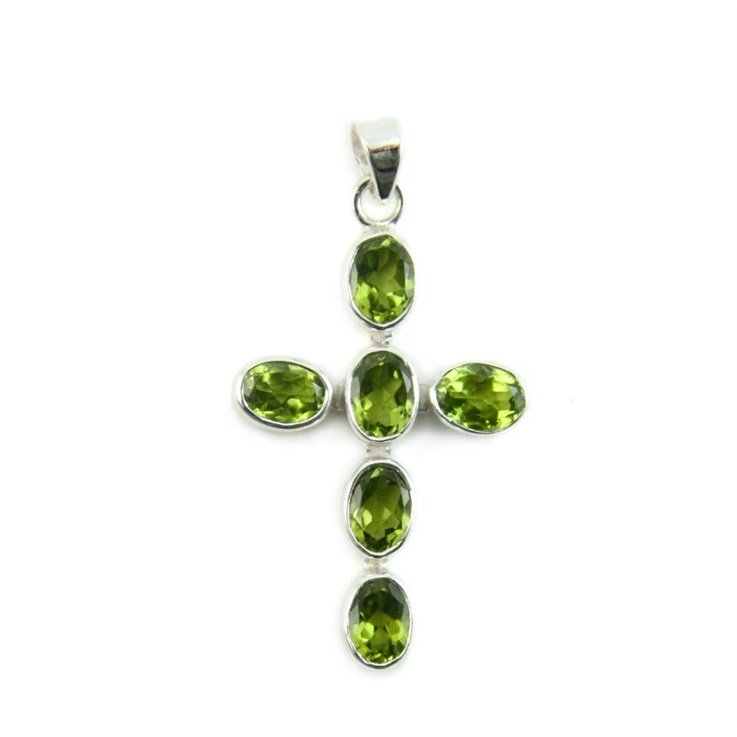 Peridot Oval Facet Cross Pendant Sterling Silver