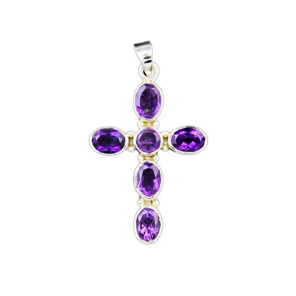 Amethyst Oval Facet Cross Pendant Sterling Silver