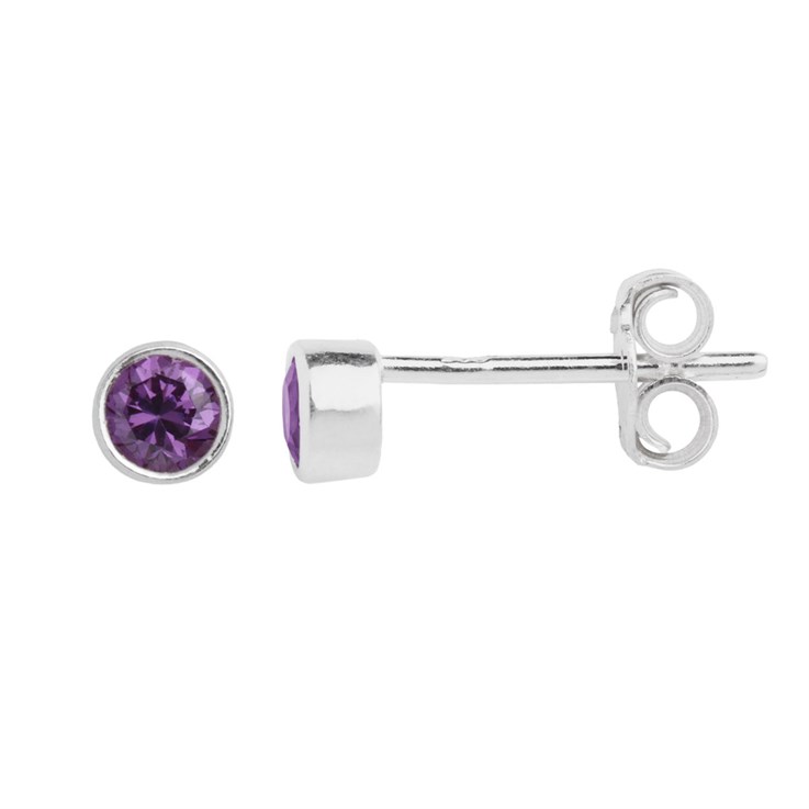 Amethyst 3mm CZ Crystal in 4mm Sterling Silver Earstud - Birthstone February