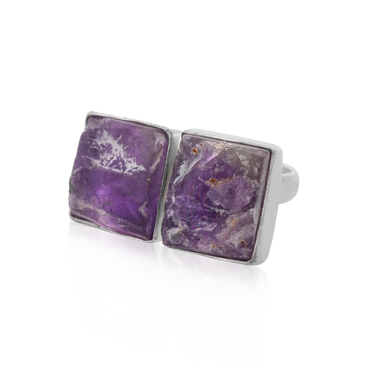 Rough Amethyst 2 Stone Adjustable Ring Sterling Silver