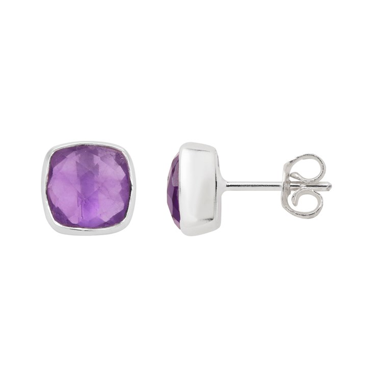 Amethyst Facetted Square Earstud with Scroll Sterling Silver