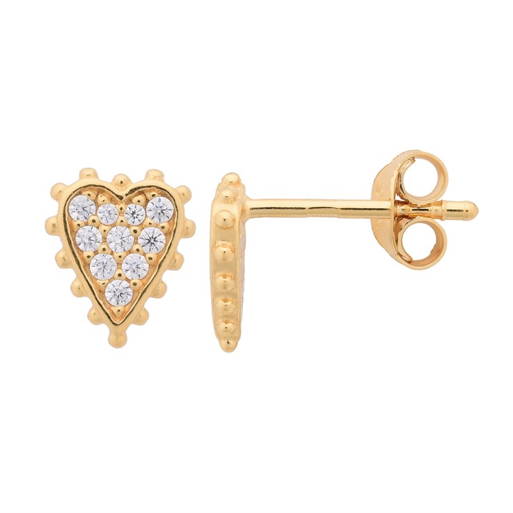 Beaded CZ Elongated Heart Earstuds with Scroll Gold Plated Sterling Silver Vermeil