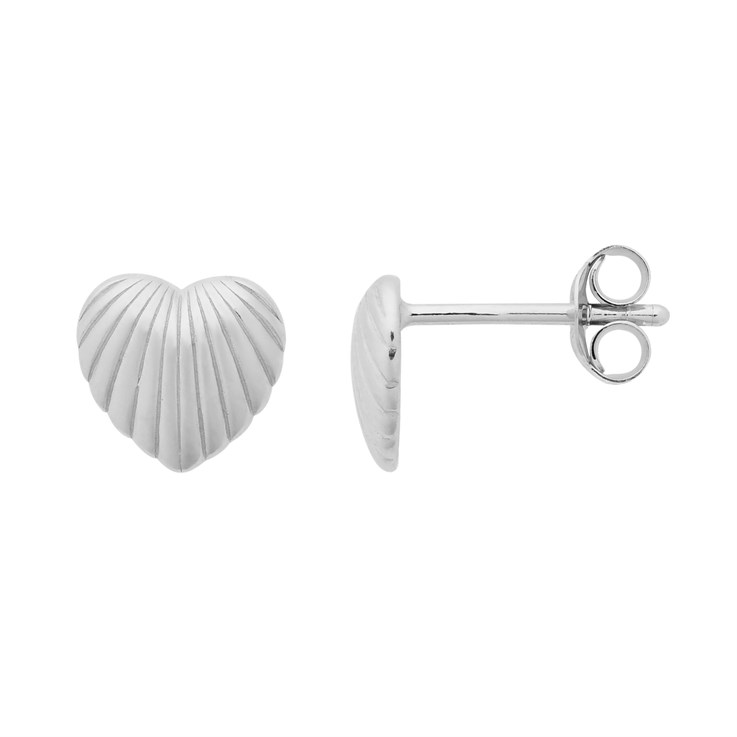 Scalloped Puff Heart Earstuds with Scrolls Sterling Silver