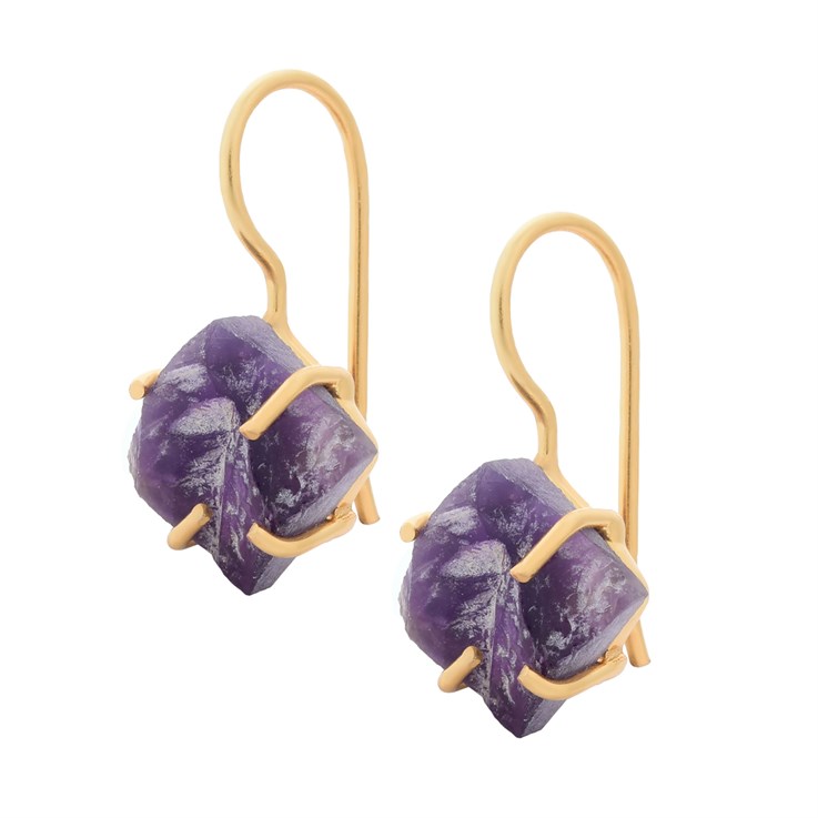 10mm Rough Amethyst Diamond Claw Hook Earrings Gold Plated Sterling Silver Vermeil