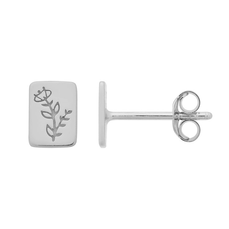 Flower Embossed Rectangular Earstuds LEFT & RIGHT with Scrolls Sterling Silver