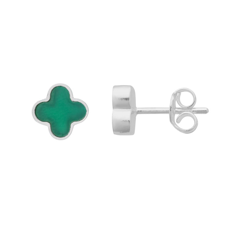 Green Onyx Clover Earstuds with Scrolls Sterling Silver