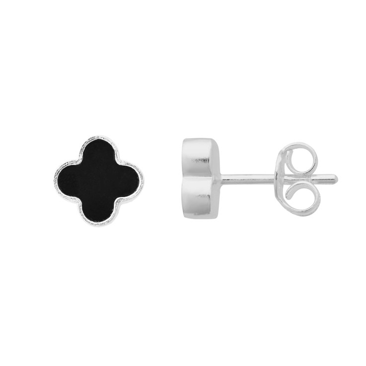 Black Onyx Clover Earstuds with Scrolls Sterling Silver