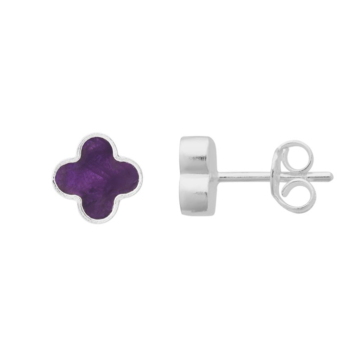 Amethyst Clover Earstuds with Scrolls Sterling Silver