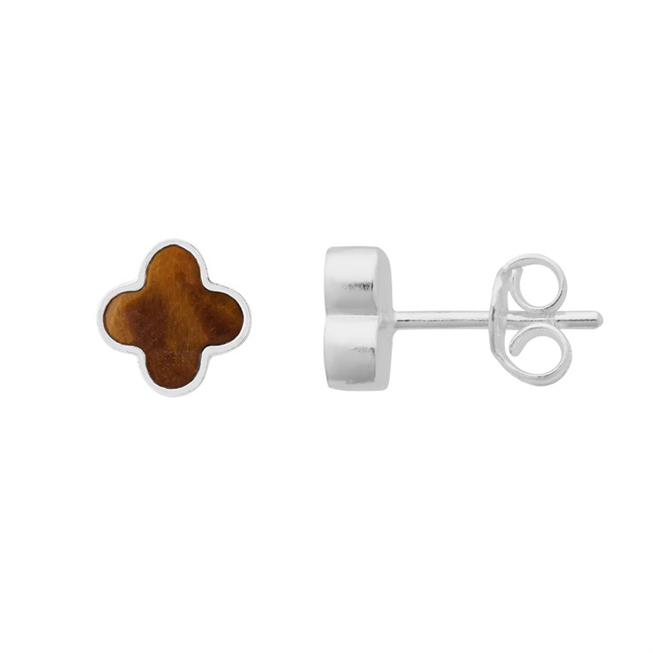 Tiger Eye Clover Earstuds with Scrolls Sterling Silver