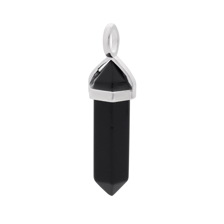 Black Onyx Hexagonal Point Gemstone Pendant Rhodium Plated