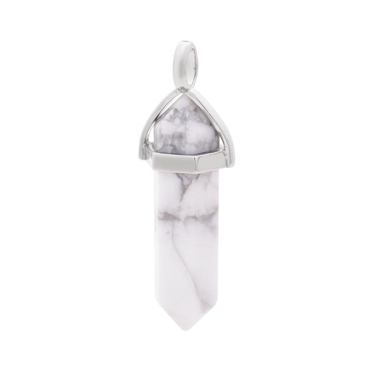 White Howlite Hexagonal Point Gemstone Pendant Rhodium Plated