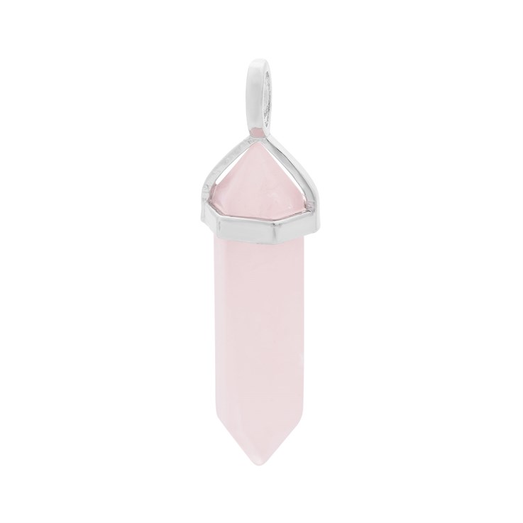 Rose Quartz Hexagonal Point Gemstone Pendant Rhodium Plated