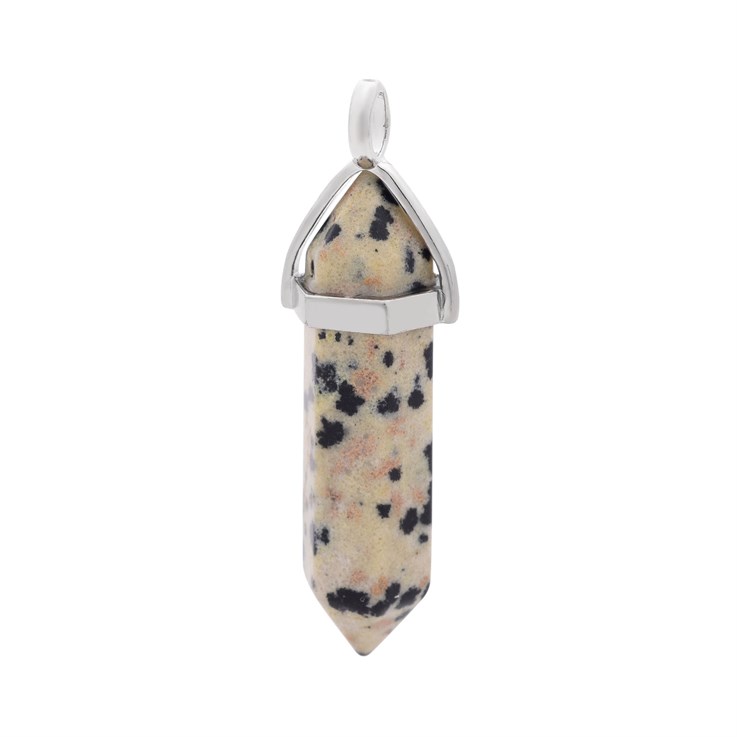 Dalmation Jasper Hexagonal Point Gemstone Pendant Rhodium Plated