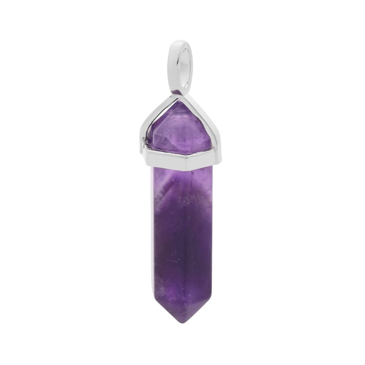 Amethyst Hexagonal Point Gemstone Pendant Rhodium Plated