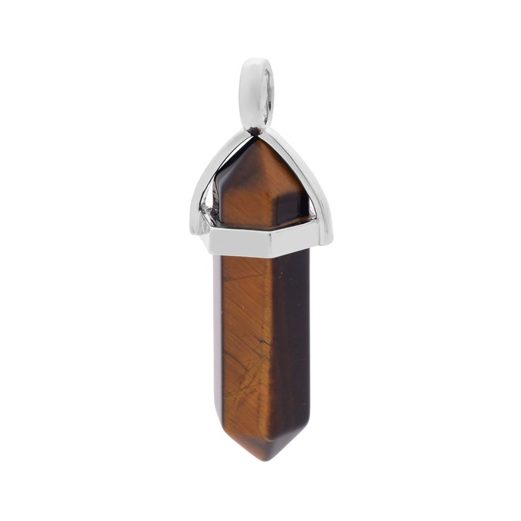 Tiger Eye Hexagonal Point Gemstone Pendant Rhodium Plated