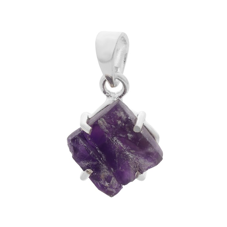 10mm Rough Amethyst Diamond Claw Pendant Sterling Silver