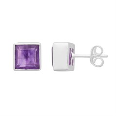 Square Facet Cut 8mm Amethyst Earstud with Scroll Sterling Silver