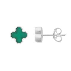 Green Onyx Clover Earstuds with Scrolls Sterling Silver